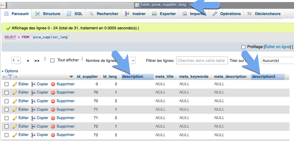 Custom fields, tuto 2 - Method 1 - image 1 - Contents of the supplier_lang table, enhanced with a second description column